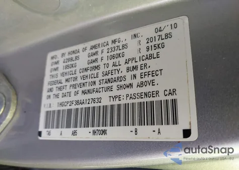 2010 Honda Accord 2.4 Lx from USA, damaged, VIN 1HGCP2F38AA127632